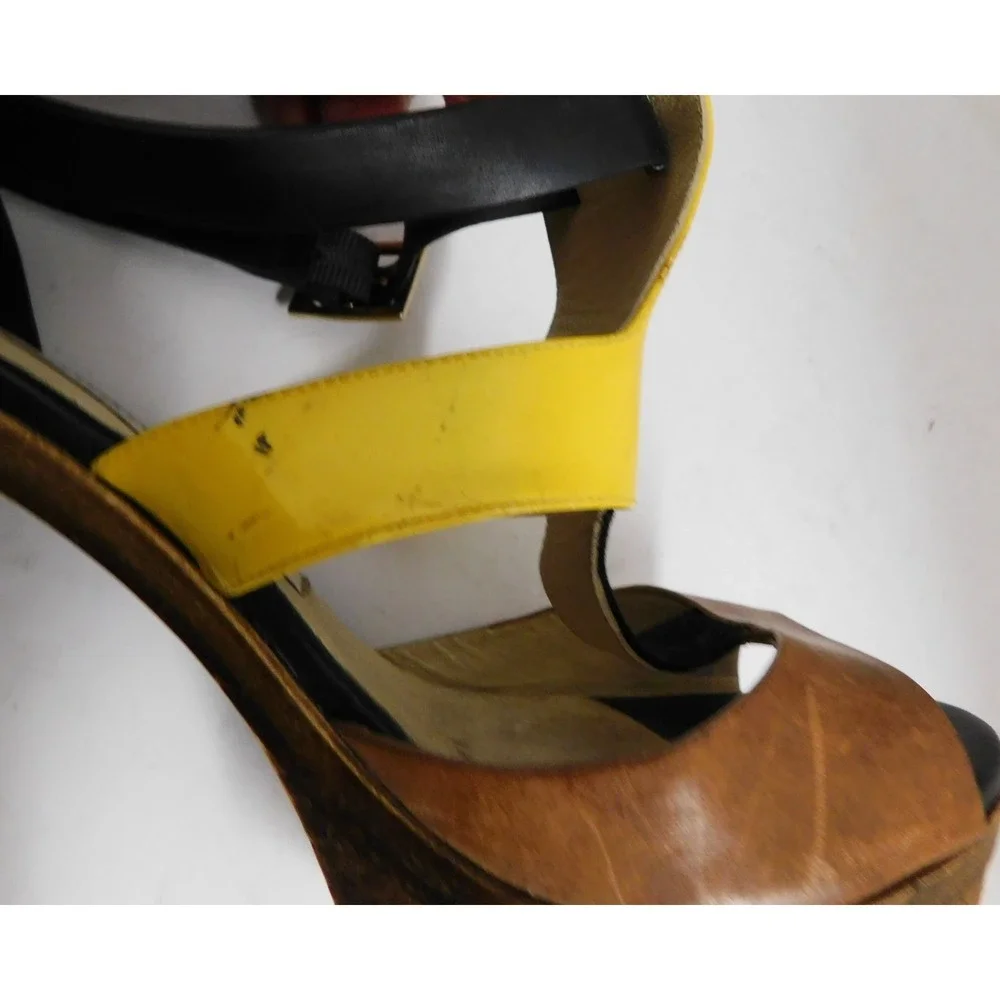 JIMMY CHOO Samos Yellow Patent Brown Leather Wood Platform Sandals sz 37